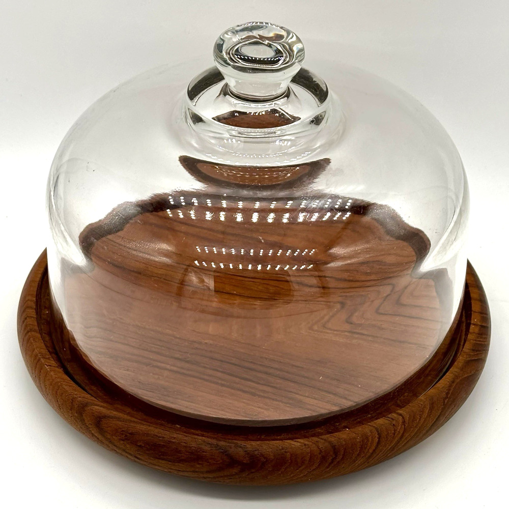 Vtg Goodwood Genuine Teak Wood Cheese Board Glass Dome Cloche Covered Platter